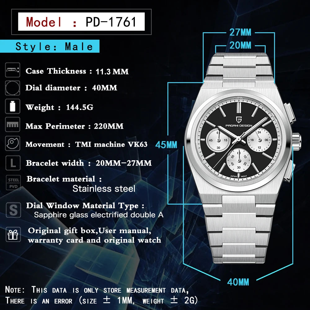 PAGANI DESIGN Watch Men's Quartz Watch Brand VK63 Sapphire Stainless Steel 40MM Waterproof Chronograph Reloj Hombre PD1761